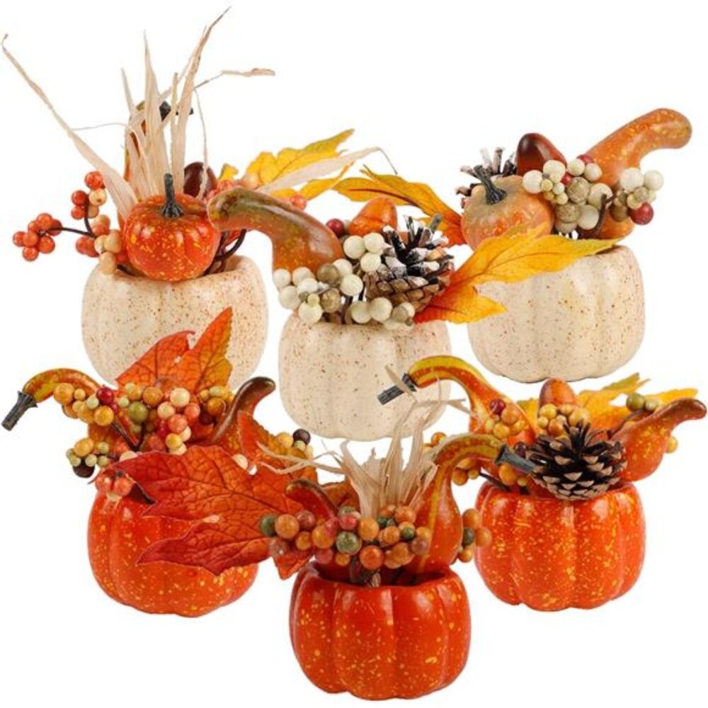 Set‎ of 6 Artificial Pumpkin & Pine Cone Decor - Thanksgiving Harvest Tabletop